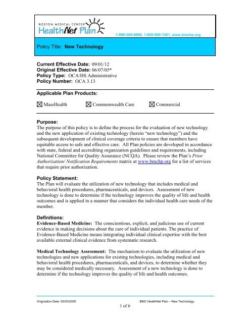 New Technology - Effective 09_01_12 - BMC HealthNet Plan