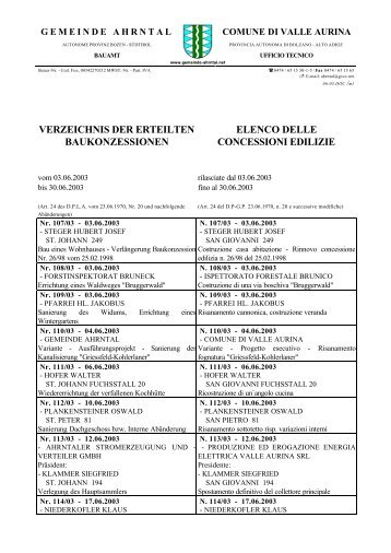 verzeichnis der erteilten baukonzessionen elenco delle concessioni ...