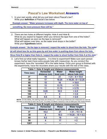 Pascal's Law Worksheet Answers (pdf) - Teach Engineering