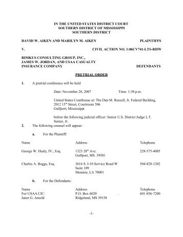 Here's a copy of the Aiken pretrial order. - Insurance Coverage Blog