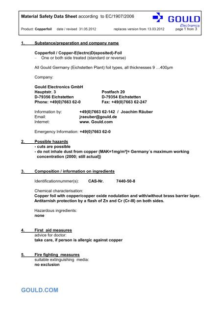 MSDS Copper foil - GOULD Electronics GmbH