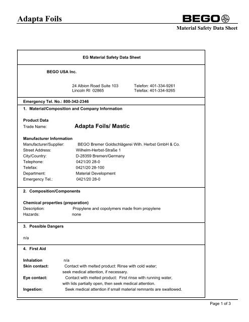 Adapta MSDS - Bego USA