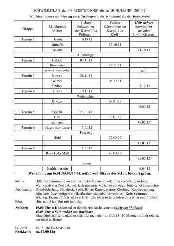 Schwimmplan für die Klassen 3-4a und 3