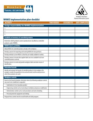 WHMIS implementation plan checklist - WorkSafeNB