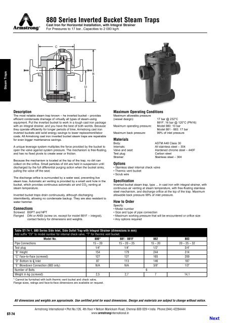 880 Series Inverted Bucket Steam Traps - Armstrong International, Inc.