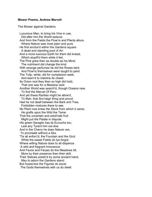 Mower Poems Andrew Marvell The Mower Against Gardens