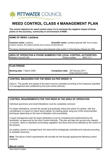 Weed control class 4 plan - Pittwater Council