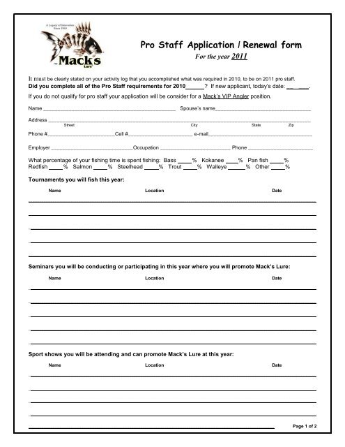 Pro Staff Application / Renewal form - Mack's Lure