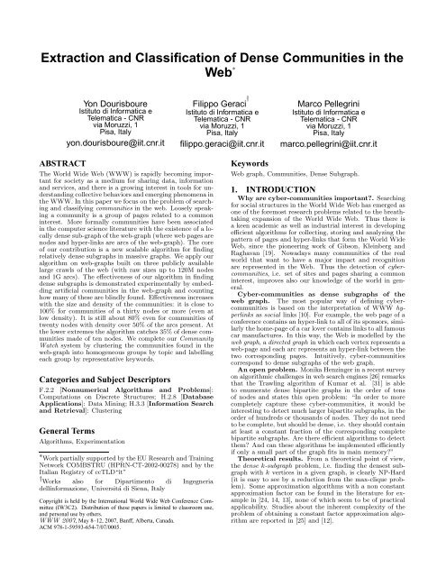 Extraction and Classification of Dense Communities in the Web