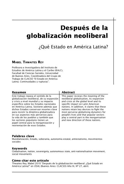 DespuÃ©s de la globalizaciÃ³n neoliberal: Â¿quÃ© Estado en ... - Clacso