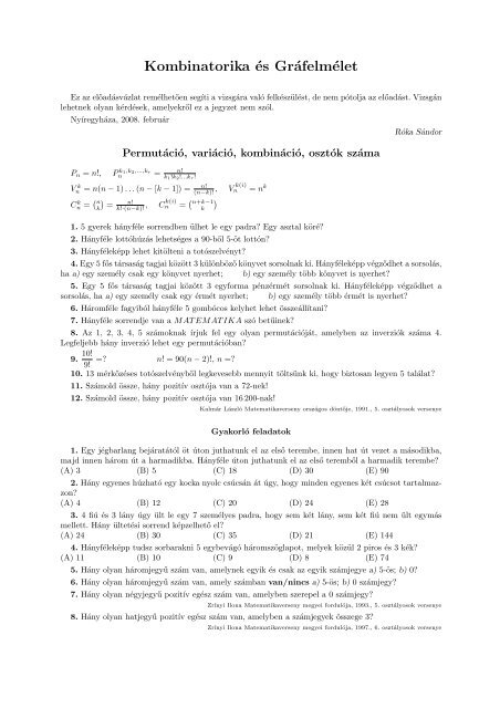 RÃ³ka SÃ¡ndor, Kombinatorika Ã©s grÃ¡felmÃ©let (pdf)
