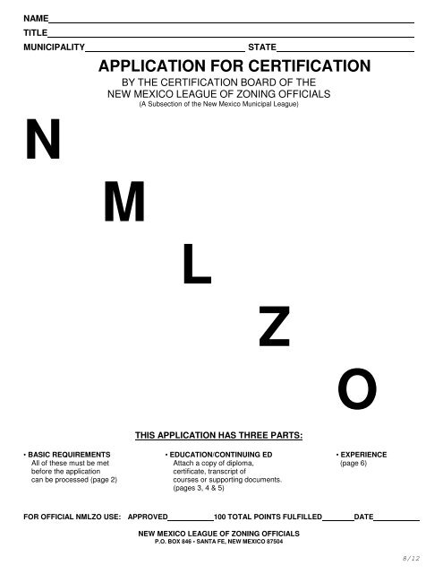 APPLICATION FOR CERTIFICATION - New Mexico Municipal League