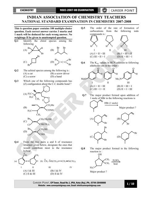 Chemistry Olympiad (NSEC ) 2007 - Career Point