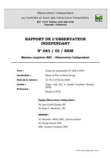 Rapport de mission REM NÂ°083 Cameroun