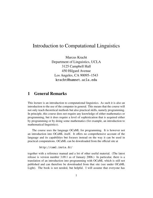 Introduction to Computational Linguistics