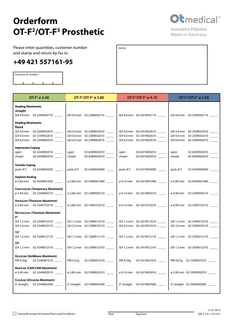 Orderform OT-F2/OT-F3 Prosthetic - OT medical GmbH