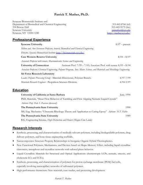 Patrick T. Mather, Ph.D. Professional Experience Education ...