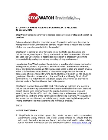 STOPWATCH PRESS RELEASE: FOR IMMEDIATE RELEASE 13 ...