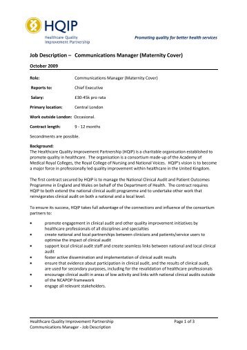 Job Description – Communications Manager (Maternity Cover) - HQIP