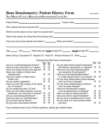 Bone Densitometry: Patient History Form - New Mexico Clinical ...