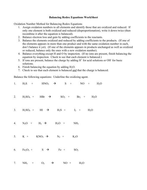 Balancing Redox Equations WorkSheet - kurtniedenzu