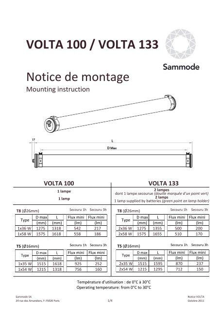 VOLTA 100 / VOLTA 133 Notice de montage - Sammode