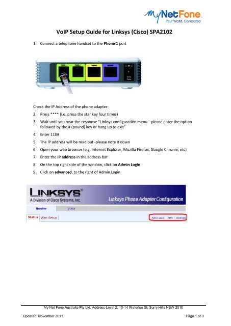 VoIP Setup Guide for Linksys (Cisco) SPA2102 - MyNetFone