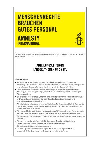 Stellenausschreibung Abteilungsleiter (M/W) - Amnesty International