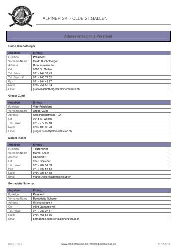 Adressen Vorstand ausdrucken - Alpiner Ski-Club St.Gallen