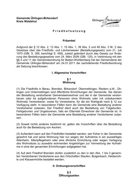 Friedhofsordnung (PDF) - Gemeinde Ühlingen-Birkendorf