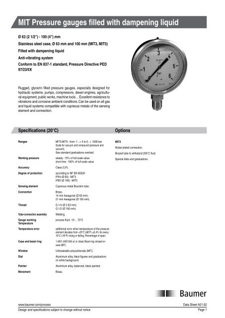 MIT Pressure gauges filled with dampening liquid - Baumer