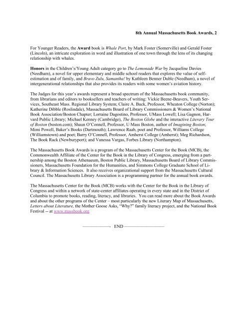 Press Release - Massachusetts Center for the Book