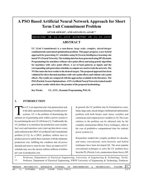 A PSO Based Artificial Neural Network Approach for Short Term Unit ...