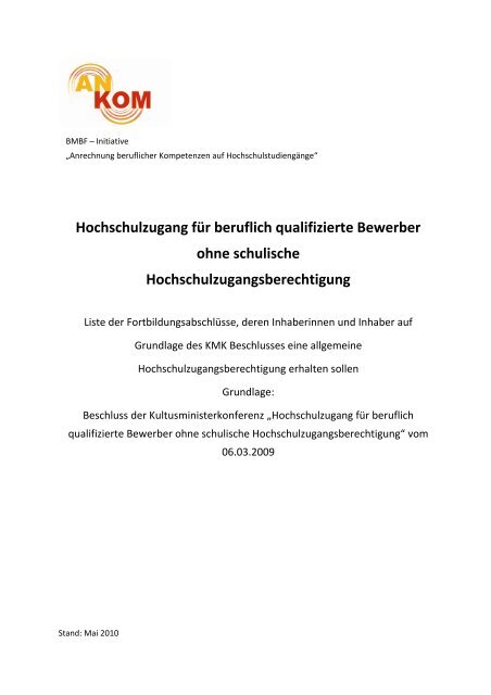 Hochschulzugang fÃ¼r beruflich qualifizierte Bewerber ... - ANKOM