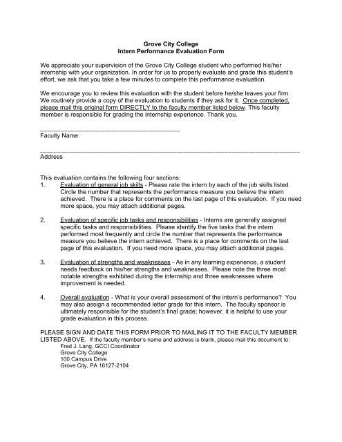 Grove City College Intern Performance Evaluation Form We ...