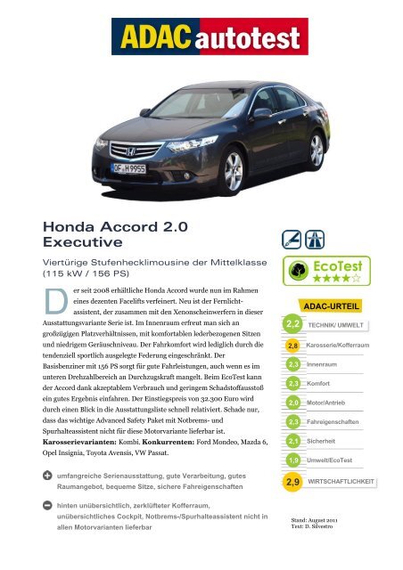Umfassender Test Honda Accord 2.0 Executive - ADAC