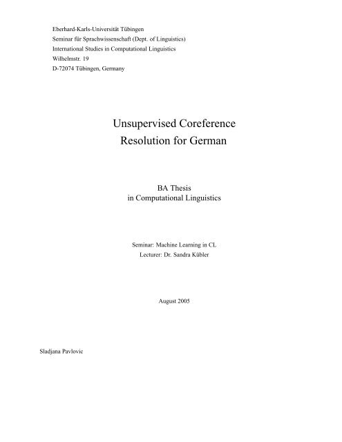 Unsupervised Coreference Resolution for German - Seminar für ...