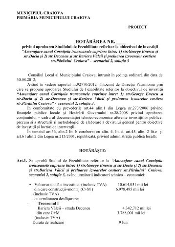 Proiect de hotărâre privind aprobarea Studiului ... - Primaria Craiova