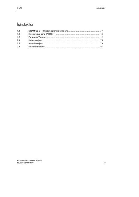 Parametre Listesi 04/03 SINAMICS G110 - Teknika Otomasyon