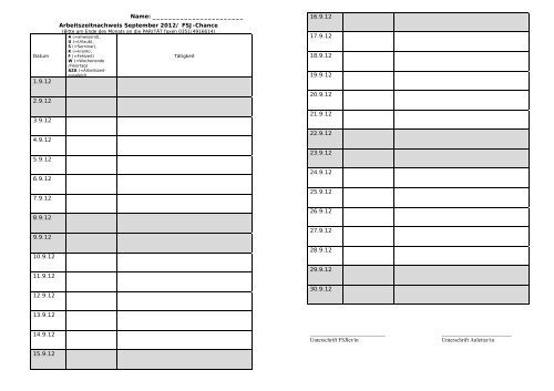 Arbeitszeitnachweis September 2012/ FSJ-Chance 1.9.12 2.9.12 3.9 ...