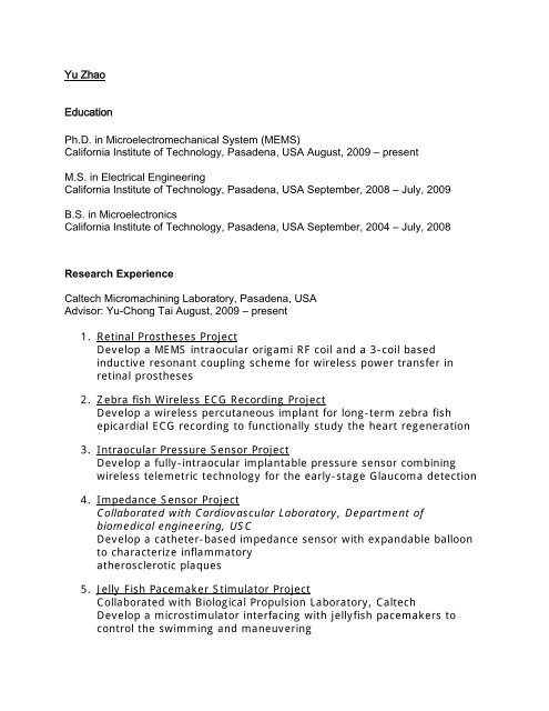 Yu (Joy) Zhao - Caltech Micromachining Laboratory