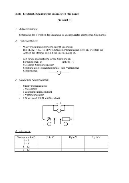 2.2.8. Elektrische Spannung im unverzeigten Stromkreis Protokoll ...