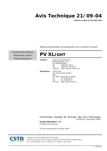 Avis Technique 21/09-04 PV XL - PhotovoltaÃ¯que.info