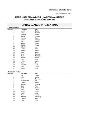 UPRAVLJANJE PROJEKTIMA - Ekonomski Fakultet