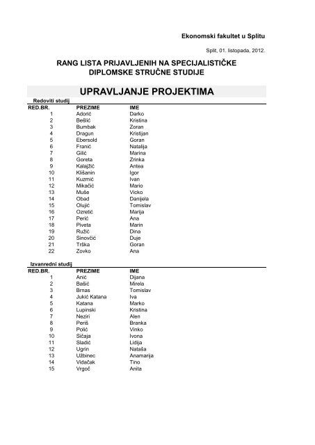 UPRAVLJANJE PROJEKTIMA - Ekonomski Fakultet