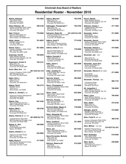 Residential Roster - November 2010 - Cincinnati Area Board of ...