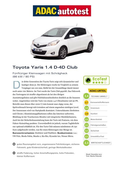 Umfassender Test Toyota Yaris 1 4 D 4d Club Dpf Adac