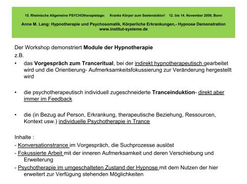 Hypnotherapie und Psychosomatik - Hypnose ... - Institut Systeme