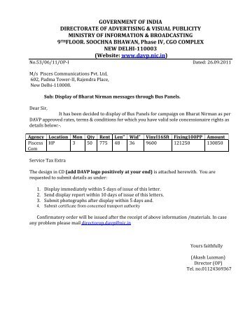 Release Order for Bharat Nirman Outdoor Publicity Campaign Dated ...