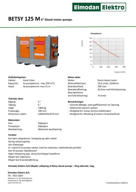 BETSY 125 M6Ã¢Â€Â Diesel motor pumpe. - Elmodan Elektro